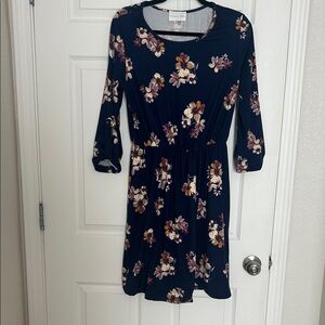 French Grey Navy Floral Long Sleeve Dress